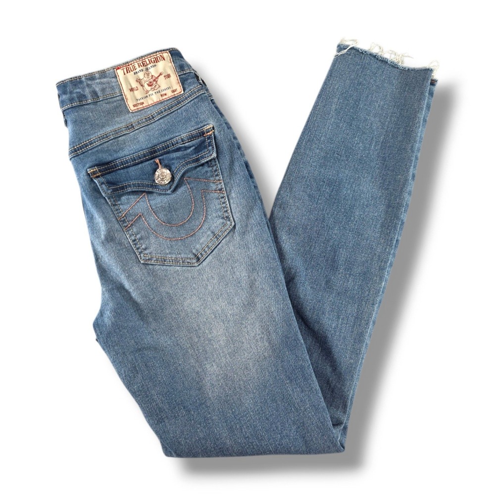 True Religion Halle High Rise Super Skinny Raw Hem Flap Pocket Blue Jeans 25 - Picture 2 of 11